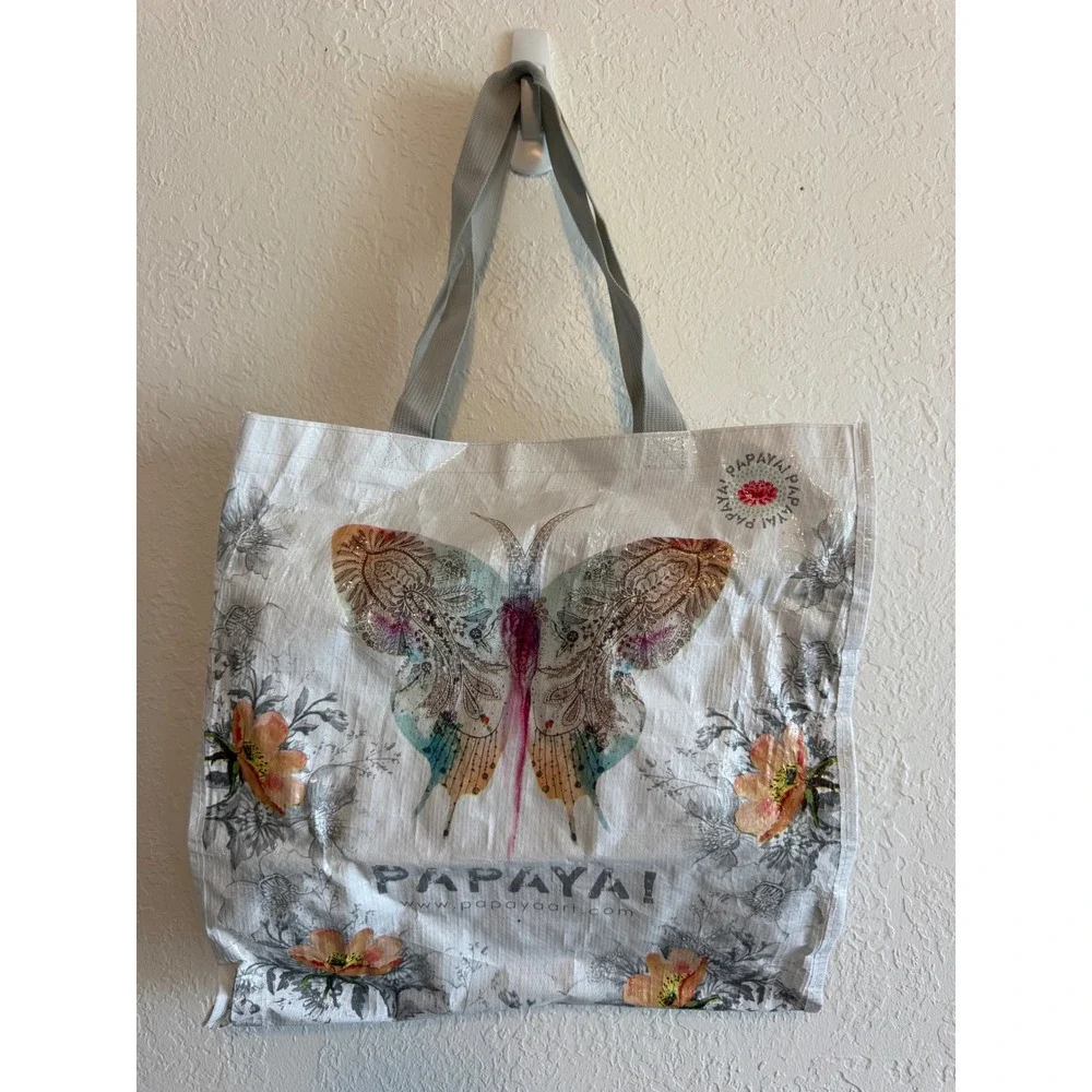 Papaya Art Butterfly Floral‎ Reusable Tote Bag Woven Shopper White Boho